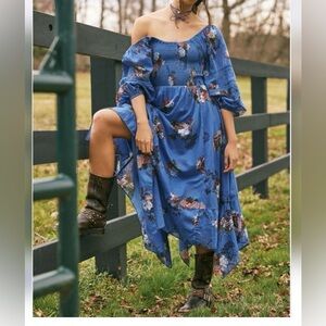 Free People Morning Glory Floral Smocked Long Sleeve Blue Maxi Dress XS